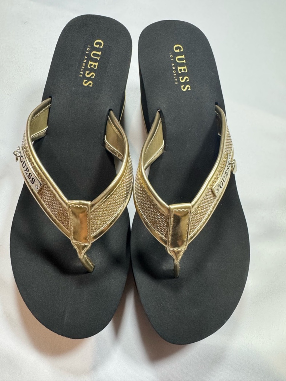 Guess Gold Metallic Strap Black Footbed Thong Sandals